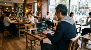 カフェで動画編集する中年男性