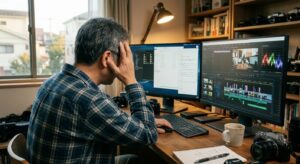 悩みながら動画編集する男性