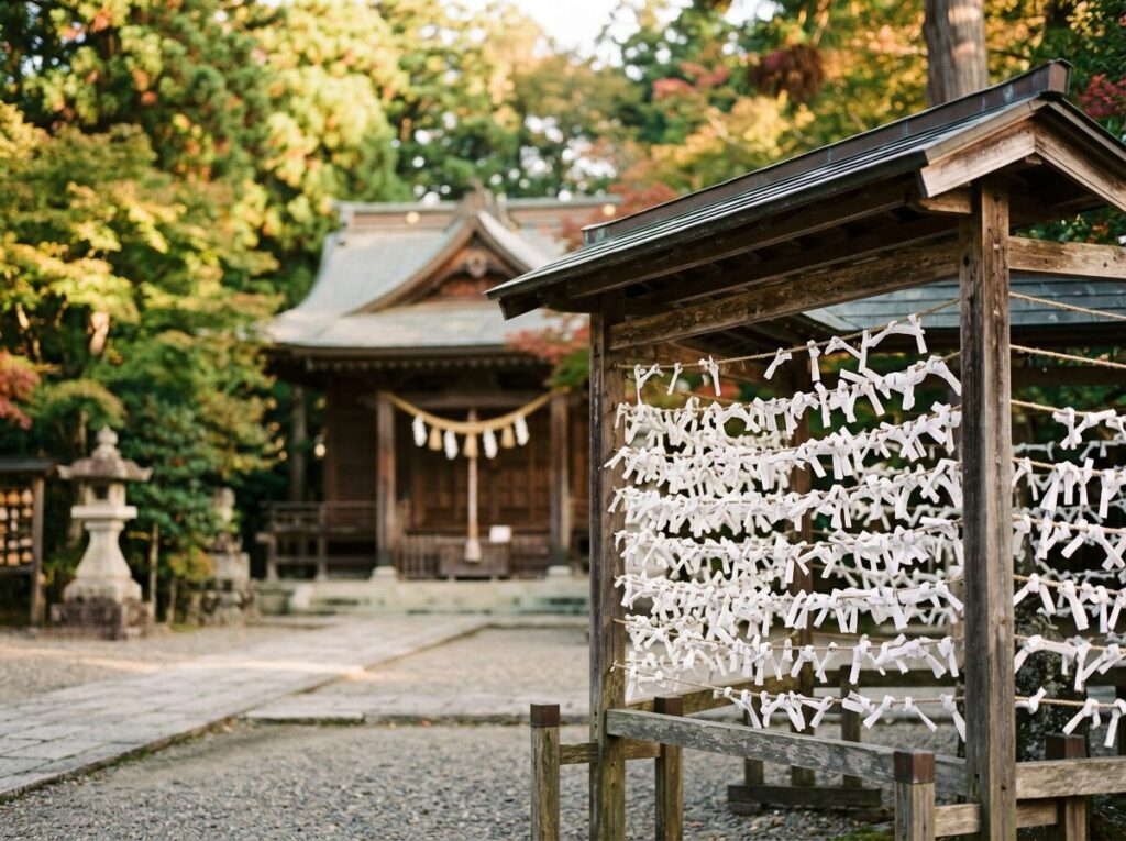 境内に結ばれたおみくじ