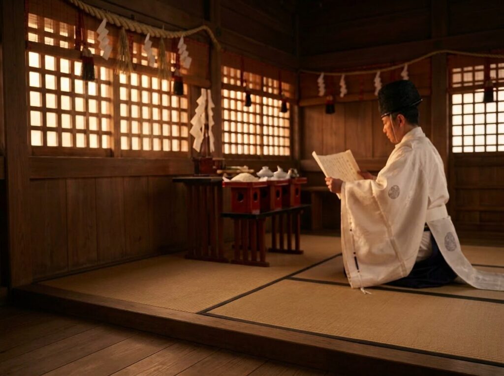 神職が祝詞を奏上する、静かな社殿の朝