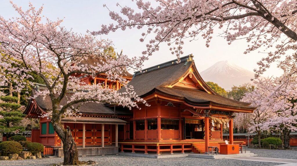 「朱の社殿、桜、そして富士。三つが重なる季節。」
