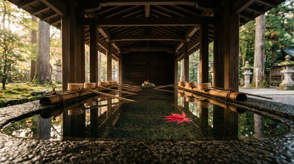 朝の手水舎、整えられた水面