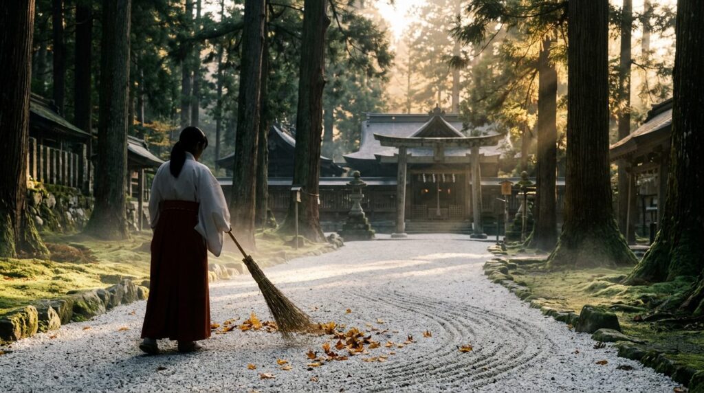 早朝の境内を掃き清める情景
