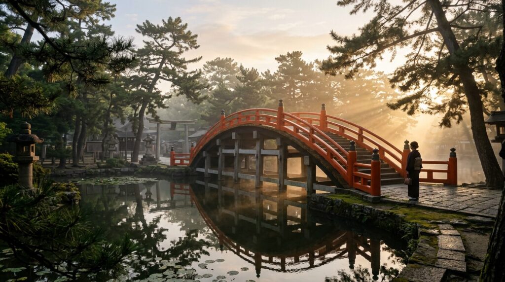 反橋と朝の光