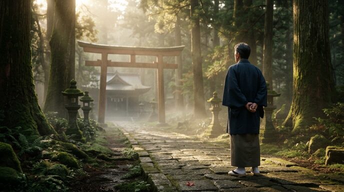 朝の境内で