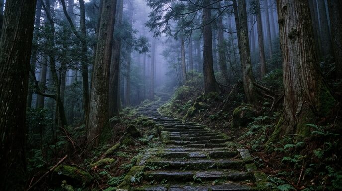 夕暮れの森に続く苔むした石段