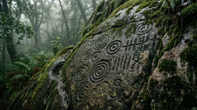 苔むした石に刻まれた古代の文字を思わせる象徴