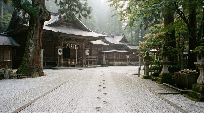 無人の神社の朝