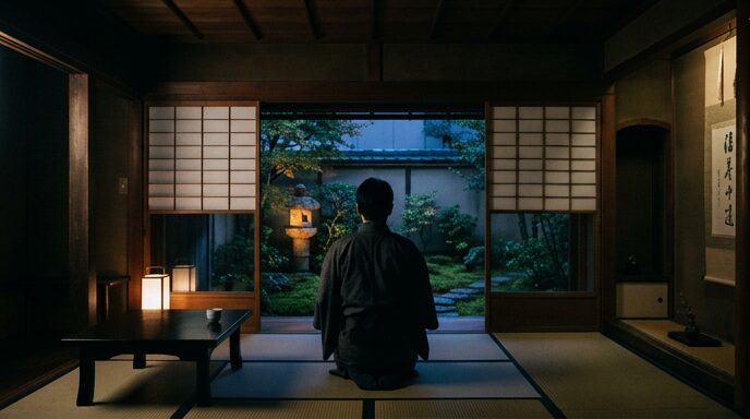 夕暮れの和室で庭に向かって座す後ろ姿