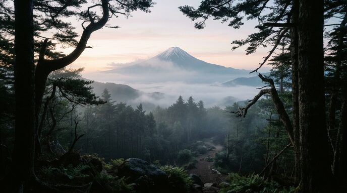 夜明けの霧に包まれた富士山と麓の古い森