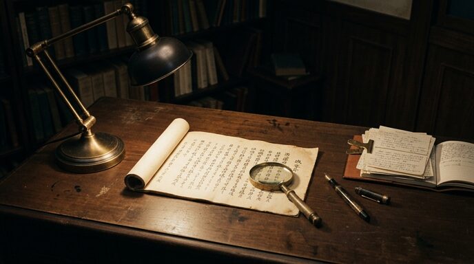 古文書と拡大鏡が置かれた研究者の机