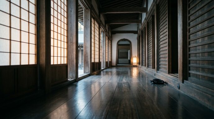 早朝の古い神社の廊下に差し込む光