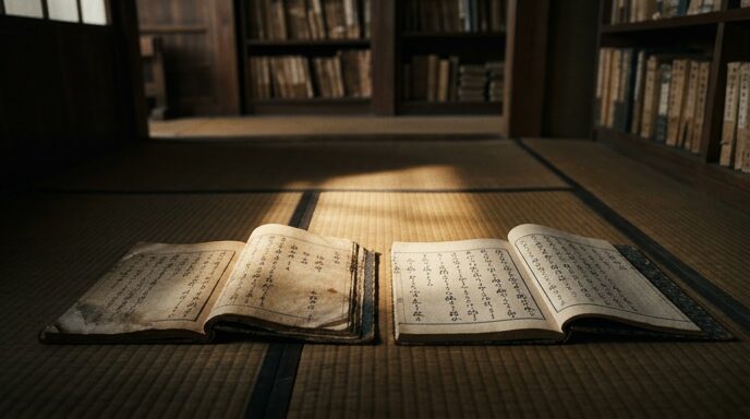 畳の上に並べられた二冊の古い書物