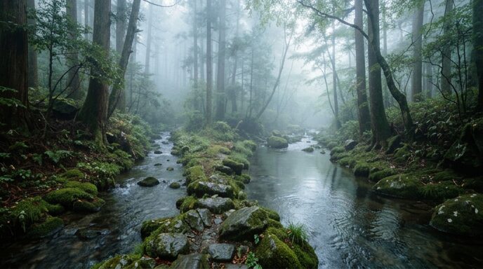 霧の森を並んで流れる二本の川