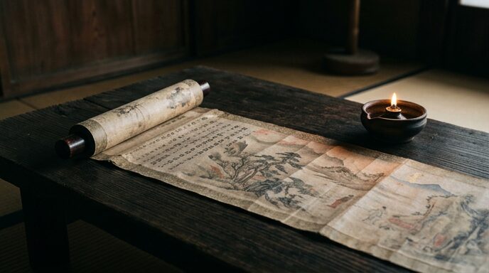 古びた和書の巻物と、灯りに照らされる神代の記録