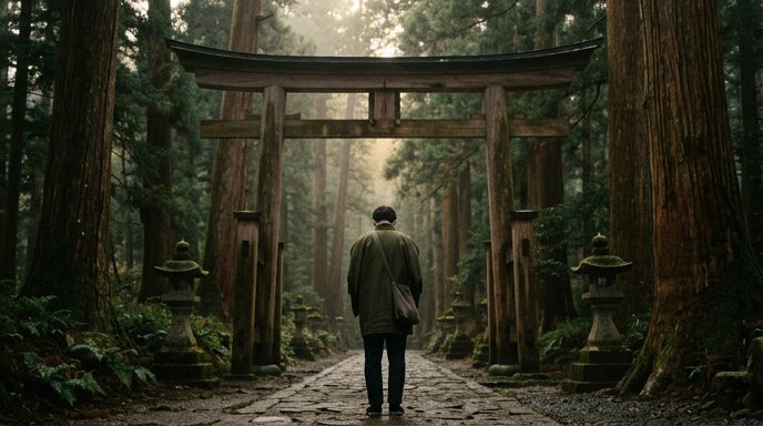 鳥居の前で立ち止まる後ろ姿