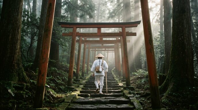 宝満山を歩いて祈る修験者