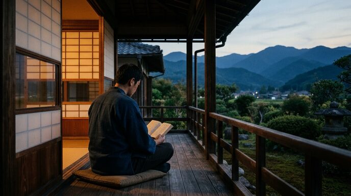 縁側で一冊の書物を開く人物の後ろ姿