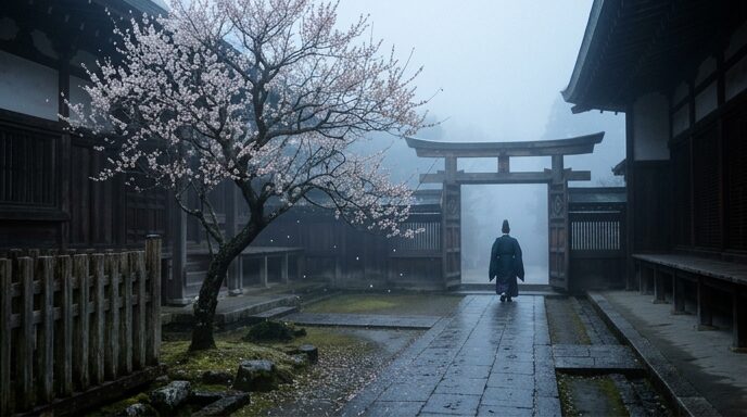 庭先の梅と去っていく背中