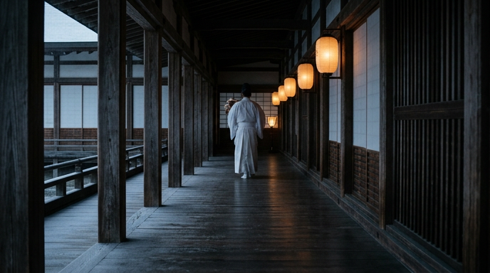 夜明けの神社の廊下を神饌を抱えて歩く神職の後ろ姿