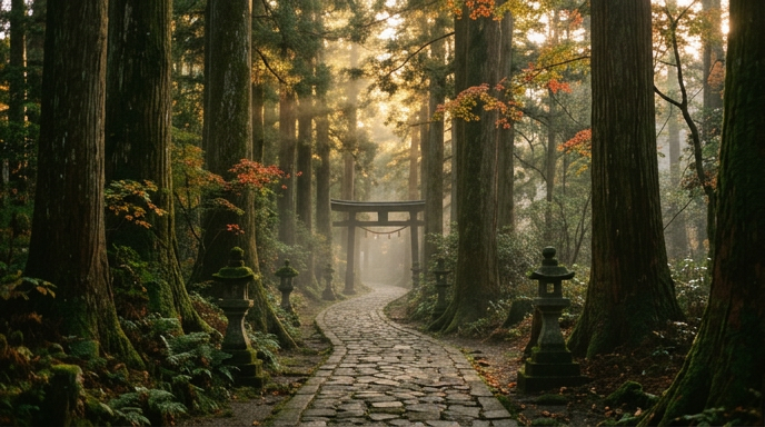 秋の午後、参道に木漏れ日が差し込む静謐な神社の情景