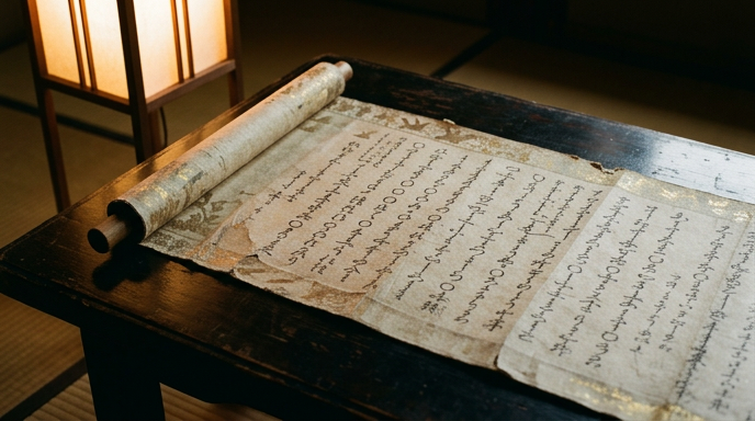 ヲシテ文字が記された古い和紙の巻物と漆塗りの机