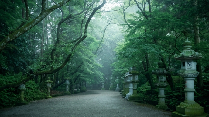 朝霧に包まれる香取神宮の杉並木参道