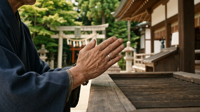 神社で拍手をする手元