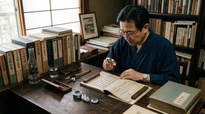古文書と参考書を前に慎重に読み解く机上の風景