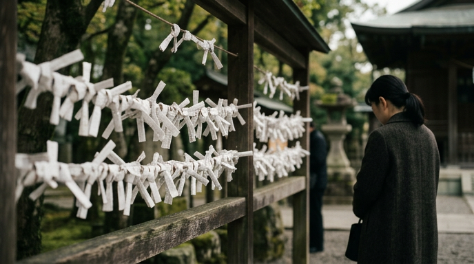 神社の授与所で結ばれたおみくじの様子