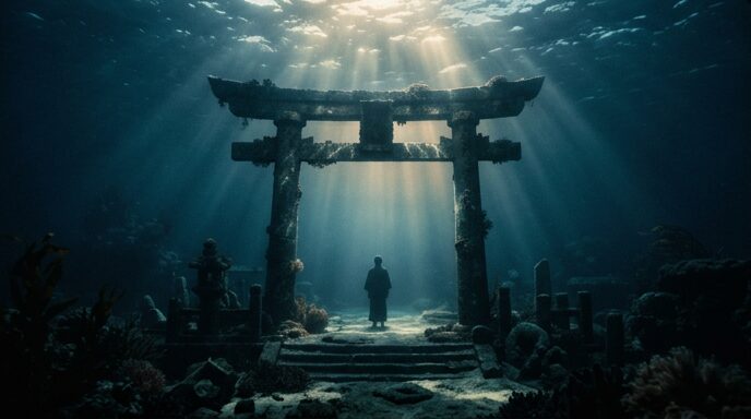 深い青の海の底に沈む古代の石造りの門、異世界の静けさを湛えた情景