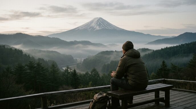 朝の光の中に浮かぶ富士山を遠くから見つめる後ろ姿