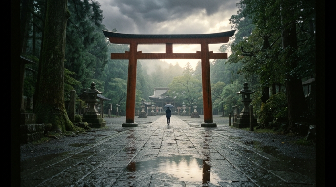 雨上がりの神社の鳥居と差し込む光