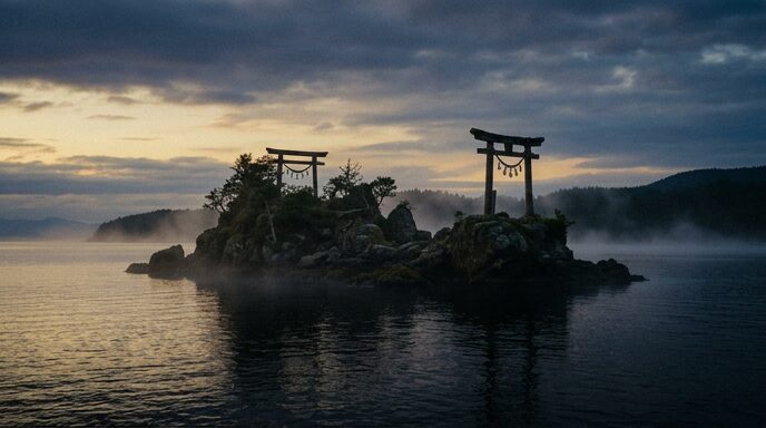 夕暮れの海に浮かぶオノゴロ島と天の御柱のイメージ
