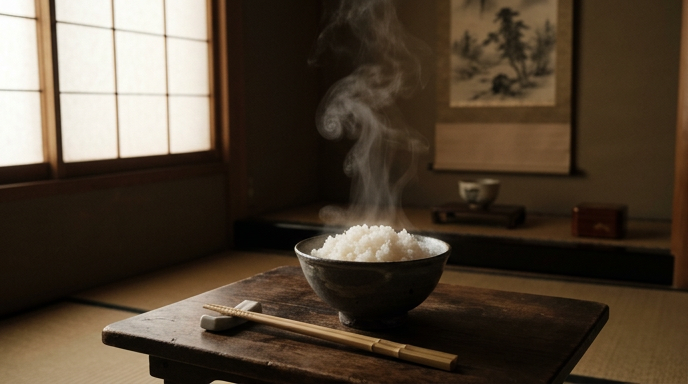 炊きたての白いごはんが盛られた茶碗から湯気が立ちのぼる情景