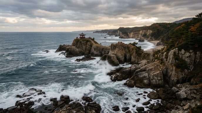 北茨城・五浦海岸を望む六角堂の風景