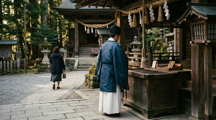 神社の授与所で参拝者に対応する神職の後ろ姿