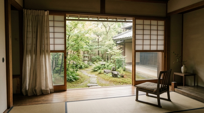 開け放たれた窓から見える、朝の光に満ちた静かな景色