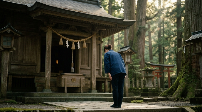 神社で参拝する人の後ろ姿