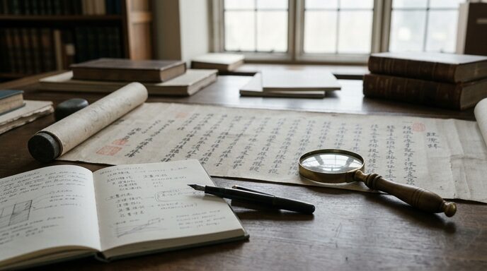 古文書を検証する図書館の卓上
