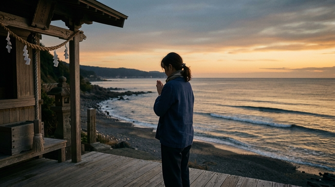 夕暮れの海辺で手を合わせる人の後ろ姿