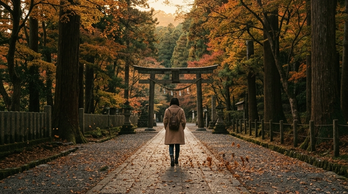 秋の参道を歩き去る一人の後ろ姿と鳥居