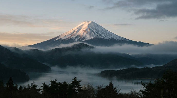 雪を頂いた霊峰・白山の夜明けの風景