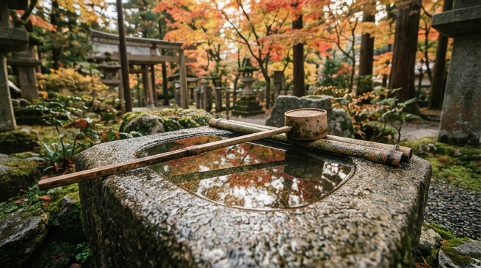 秋の紅葉が水面に映り込む神社の手水舎