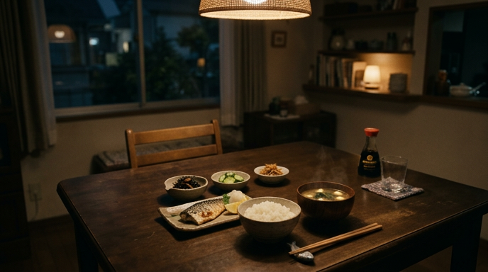 夜のあたたかな灯りの下、和食が並ぶ一人分の食卓