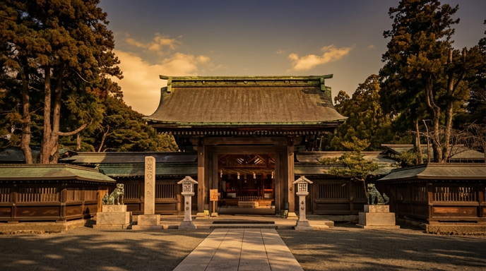 夕光に照らされた辺津宮本殿