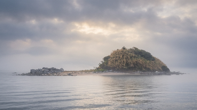 玄界灘に浮かぶ孤島と朝の光