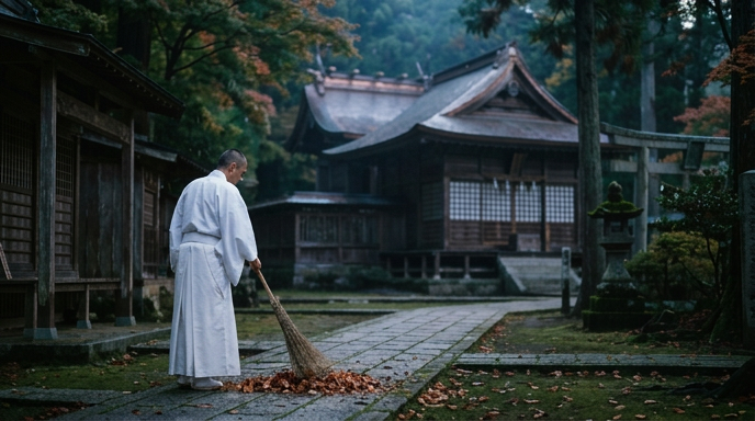 秋の早朝、竹箒で落ち葉を掃く神職の後ろ姿