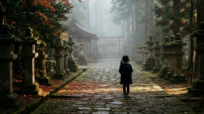 石灯籠の参道に立つ小さな子どものシルエット