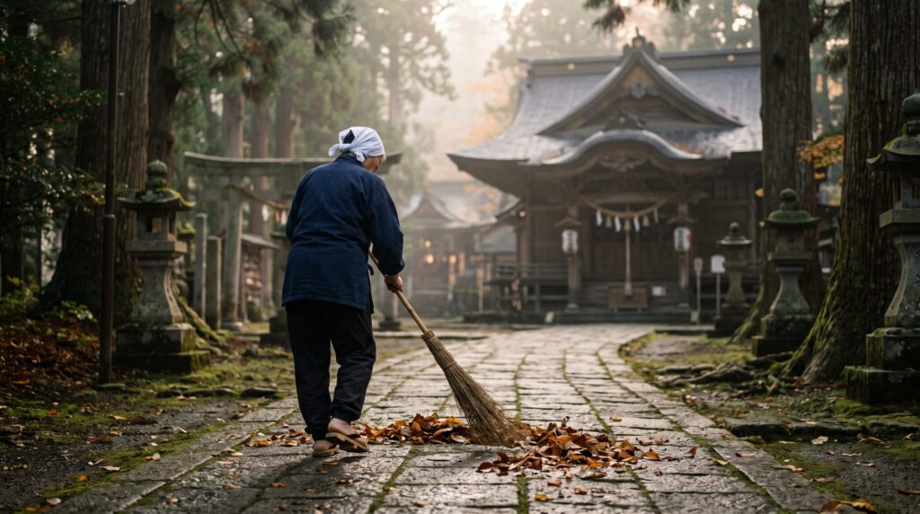 神社で掃き掃除を行う人